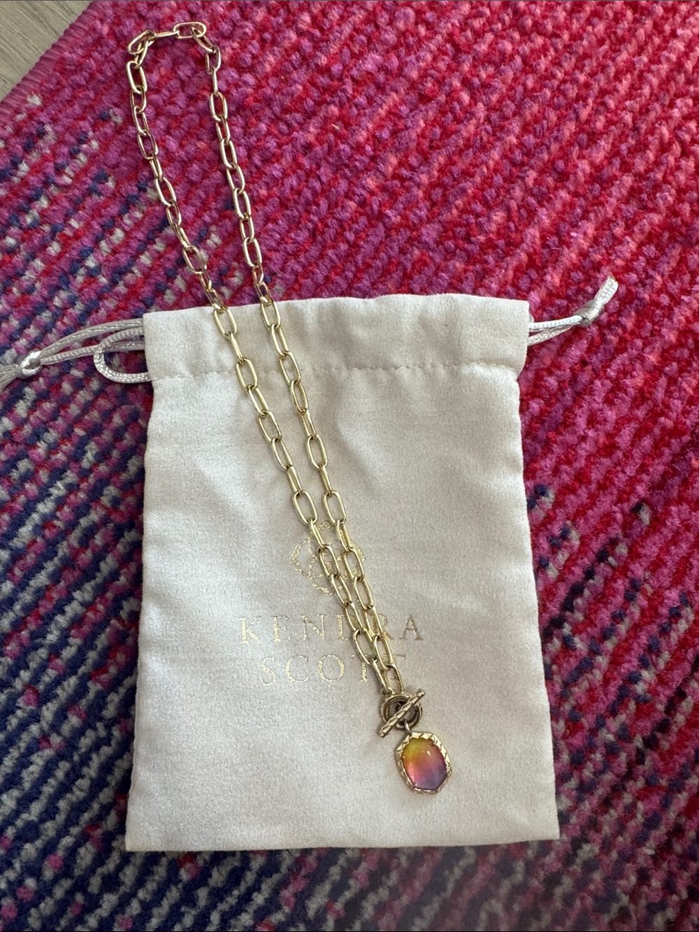 Kendra Scott Gold Chain Necklace with Pink-Orange Faceted Pendant